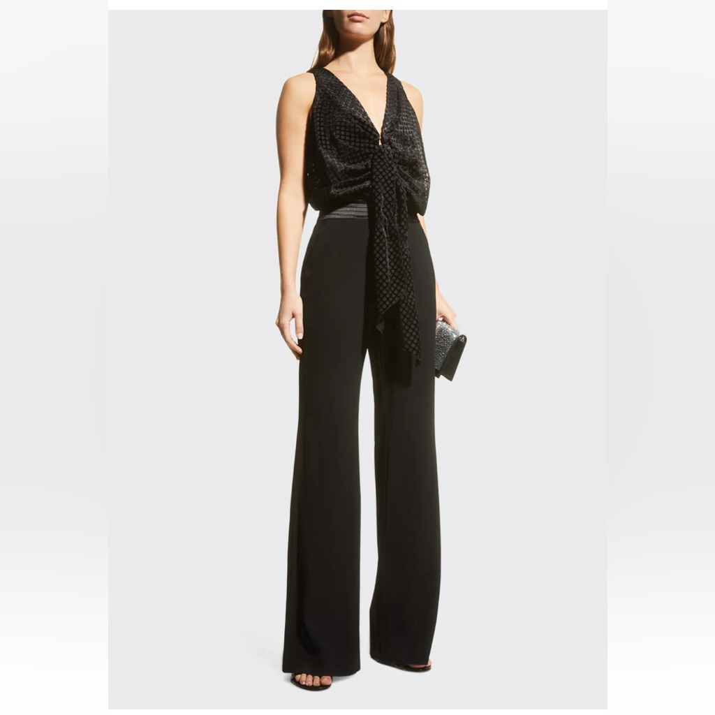 Ramy Brook Nye!Jumpsuit Nwot Black - Tali Satin/ Velvet Combo Front-Tie Sz 4